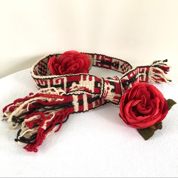 Vintage Wool Belt Handwoven Red & Black Tie Belt - Picture 4 of 8